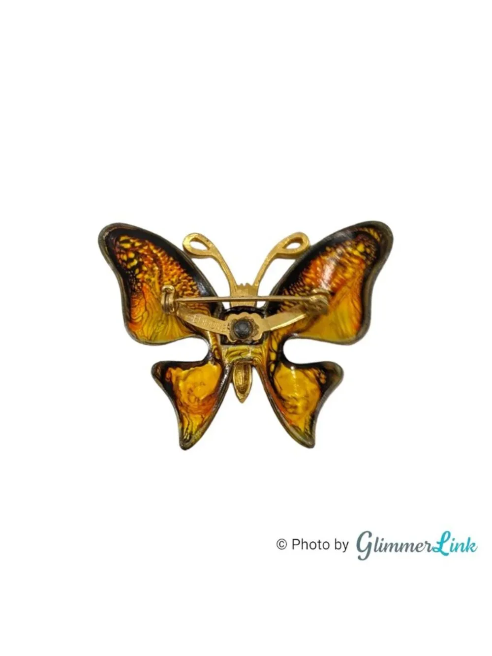 Vintage Emmons Butterfly Brooch Orange Enamel Gold Tone Signed 2 Inch
